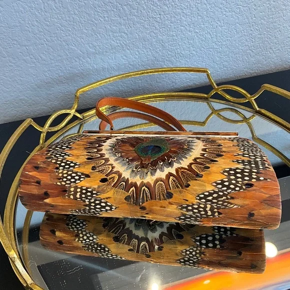 VTG Outdoor Forest Fairytale Wedding Feather Frame Bag Woodsy Bride Brown Blue - Picture 2 of 16